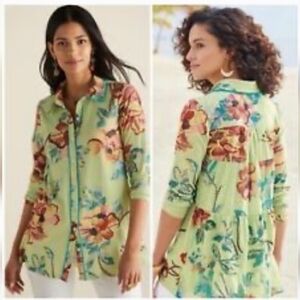 Soft Surroundings Womens Elena Top Tropical Floral Button Down Top Petite XL